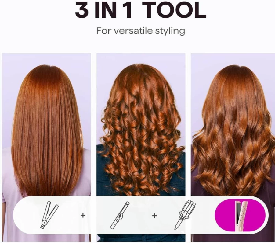 Wavytalk 1 Inch 2-in-1 Curling Iron & Hair Straightener with 360° Cool Air Technology for Long-Lasting Curls, Heat Protection & Anti-Scald Design for All Hair Types - Pink