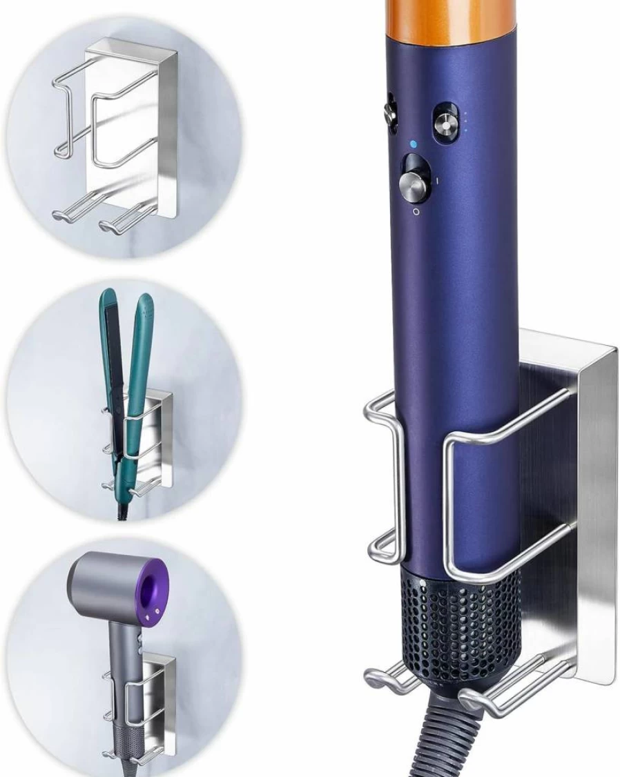 Oukimly Wall Mounted Hair Tool Organizer - Stainless Steel Holder for Hair Dryer, Straightener, Curling Iron & Styling Tools with Adhesive Storage Solution