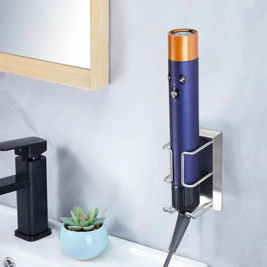 Oukimly Wall Mounted Hair Tool Organizer - Stainless Steel Holder for Hair Dryer, Straightener, Curling Iron & Styling Tools with Adhesive Storage Solution