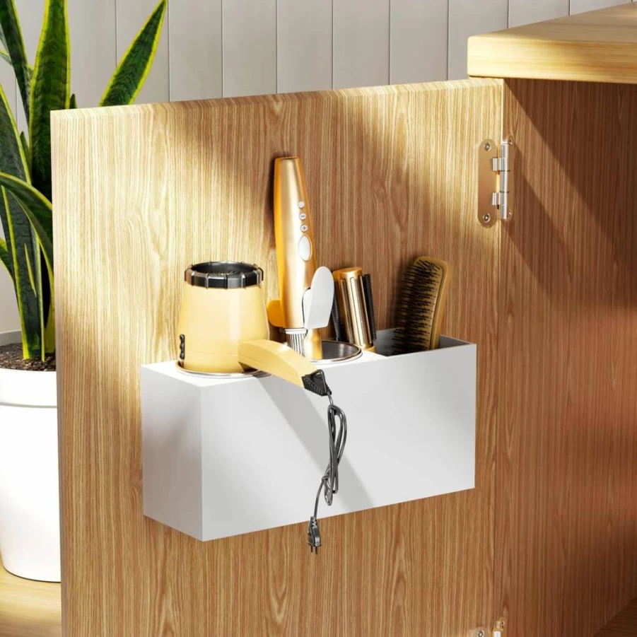NIUBEE Wall Mount Hair Tool Organizer - White Bathroom Storage Holder for Blow Dryer, Flat Iron & Curling Iron - Space Saving Cabinet Mount