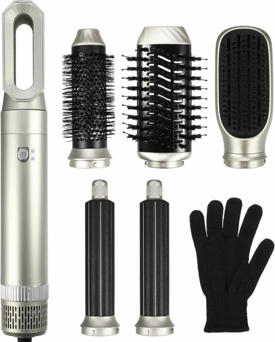 VOCOSTE 5-in-1 Hot Air Brush Styler - Detachable Blow Dryer, Volumizer, Straightener & Curling Wand for Hair Styling, Champagne