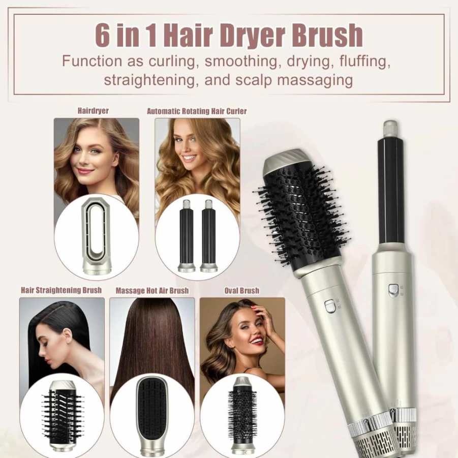 VOCOSTE 5-in-1 Hot Air Brush Styler - Detachable Blow Dryer, Volumizer, Straightener & Curling Wand for Hair Styling, Champagne
