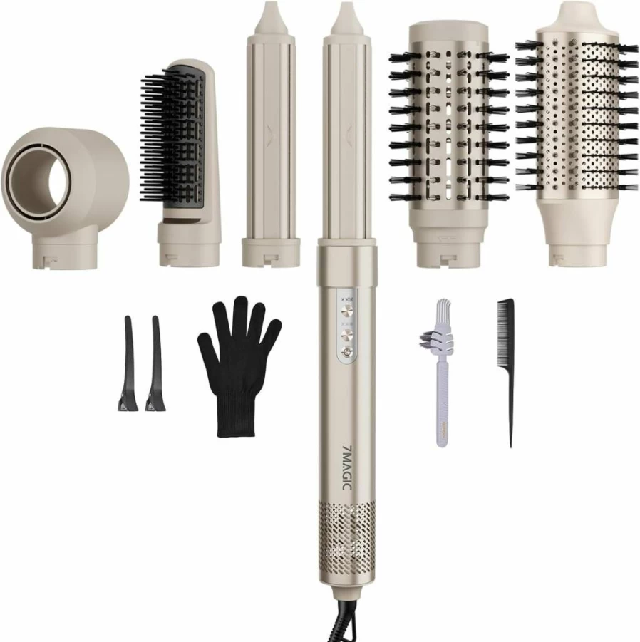 7MAGIC Ionic Hair Dryer Brush - 1200W 6-in-1 Styler for Straight, Wavy, Curly & Coily Hair, Fast Drying with Negative Ion Technology, 110V (Silver)