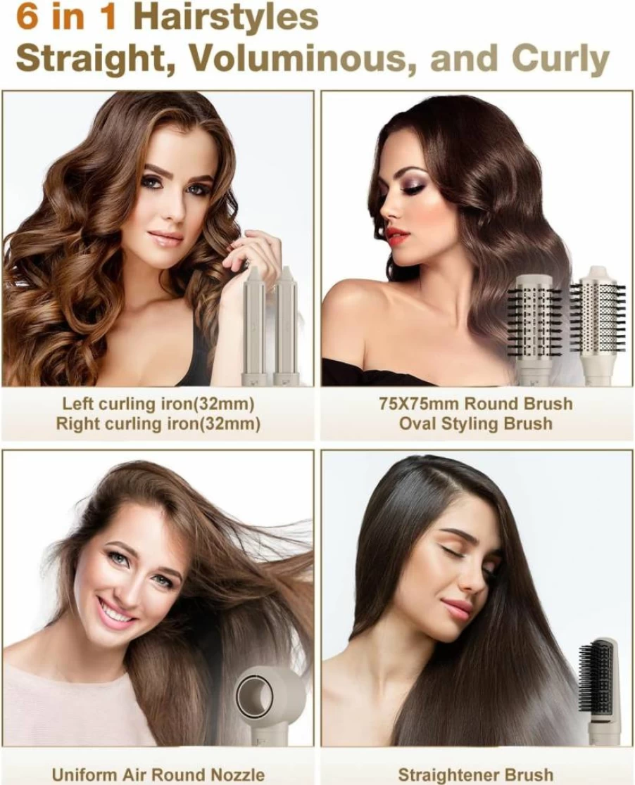 7MAGIC Ionic Hair Dryer Brush - 1200W 6-in-1 Styler for Straight, Wavy, Curly & Coily Hair, Fast Drying with Negative Ion Technology, 110V (Silver)