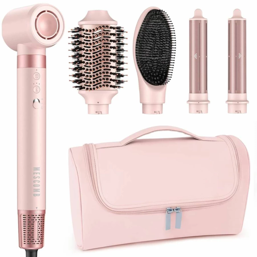 MESCOMB 5-in-1 Hot Air Hair Brush - Ionic Hair Dryer & Styler for Frizz-Free Blowouts, Curling, Straightening & Volumizing with Travel Pouch, Fast Drying & Heat Damage Protection