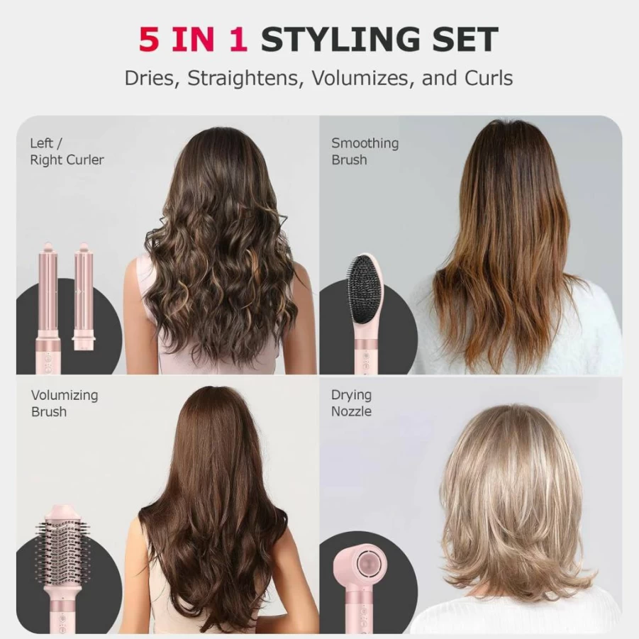 MESCOMB 5-in-1 Hot Air Hair Brush - Ionic Hair Dryer & Styler for Frizz-Free Blowouts, Curling, Straightening & Volumizing with Travel Pouch, Fast Drying & Heat Damage Protection