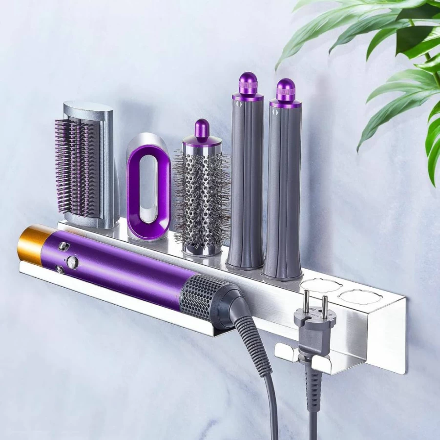 YAYINLI Wall Mounted Hair Dryer Holder - 7-in-1 Styler & Curling Iron Organizer with Adhesive for Bathroom Storage
