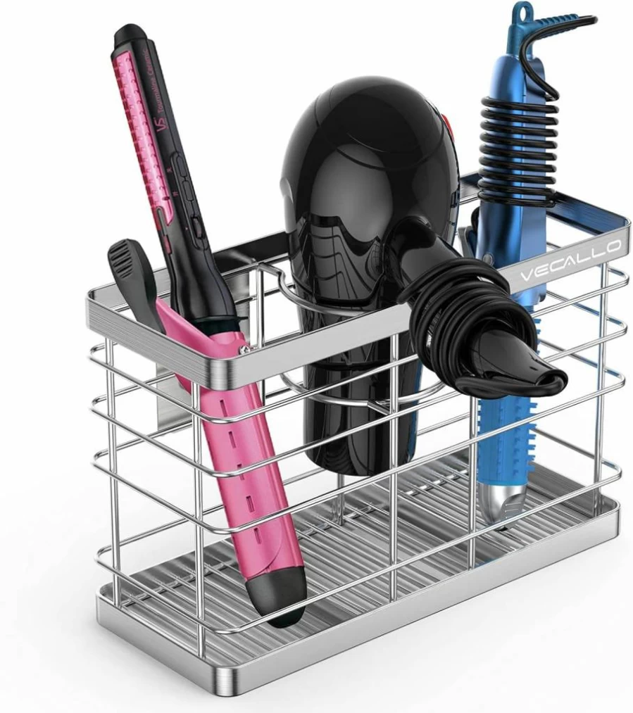 Vecallo Wall Mount Hair Dryer Holder - Adhesive Blow Dryer & Curling Iron Organizer for Bathroom, Cabinet Door, Black