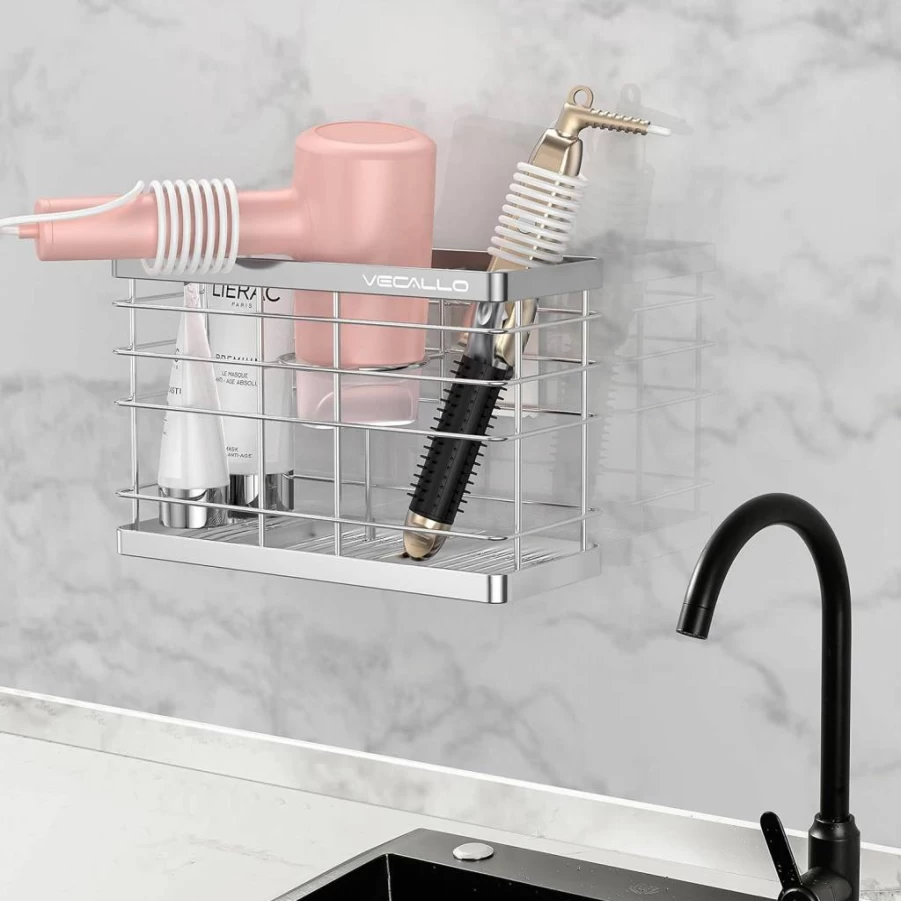 Vecallo Wall Mount Hair Dryer Holder - Adhesive Blow Dryer & Curling Iron Organizer for Bathroom, Cabinet Door, Black