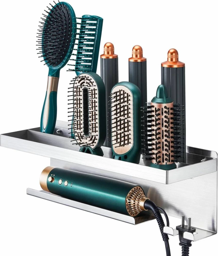 LOXSUN Wall Mount Hair Tool Organizer - Stainless Steel Adhesive Holder for Hair Dryer, Curling Iron, Straightener & Styling Tools, Bathroom Storage Stand