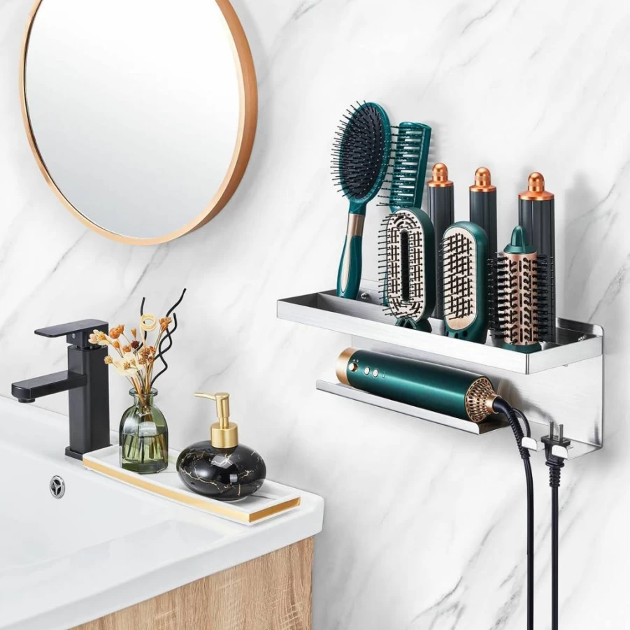 LOXSUN Wall Mount Hair Tool Organizer - Stainless Steel Adhesive Holder for Hair Dryer, Curling Iron, Straightener & Styling Tools, Bathroom Storage Stand