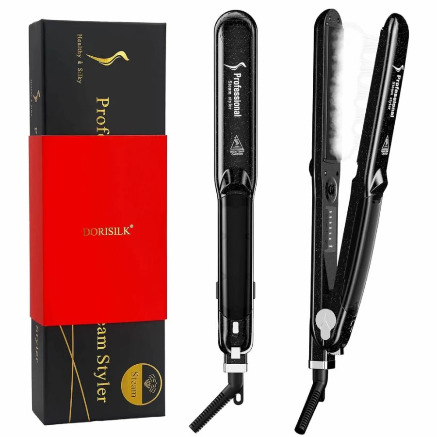 DORISILK Professional 2-in-1 Steam Flat Iron & Curler with Ceramic Tourmaline Plates, Dual Voltage LED Temperature Control for Salon-Quality Hair Styling