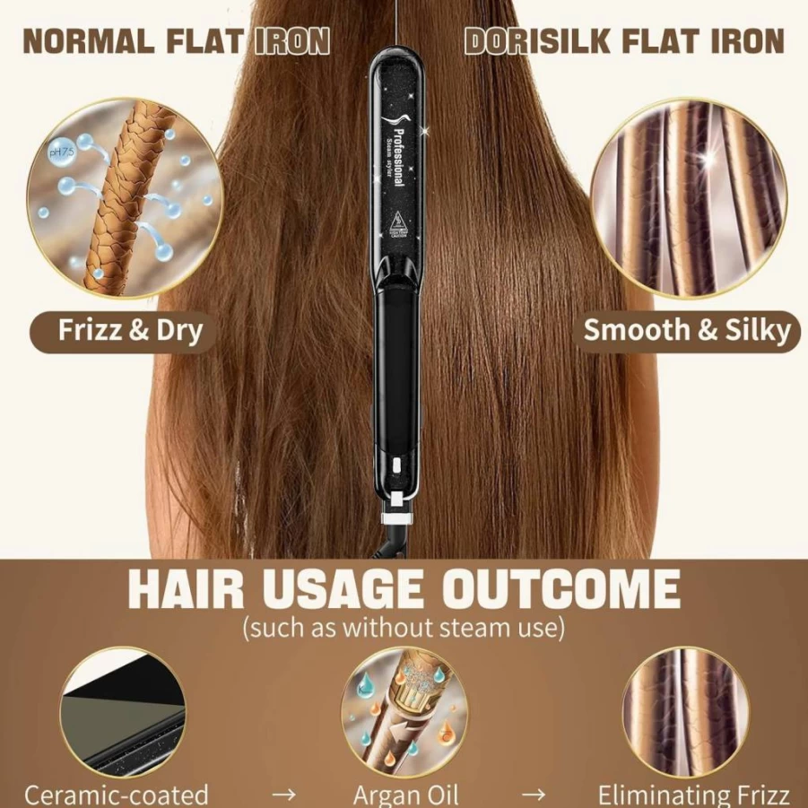DORISILK Professional 2-in-1 Steam Flat Iron & Curler with Ceramic Tourmaline Plates, Dual Voltage LED Temperature Control for Salon-Quality Hair Styling