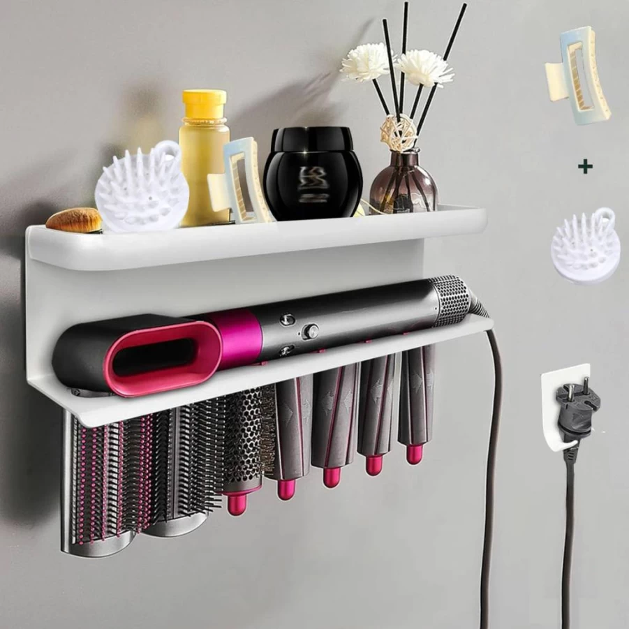 SYZJGCCR Wall Mounted Hair Tool Organizer - Dyson Airwrap & Hair Dryer Holder with Comb & Hair Clip, Bathroom & Salon Storage Rack for Home, Christmas Gift