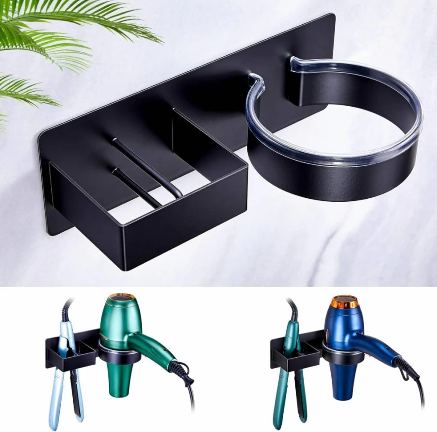 WAYASI Wall Mounted Hair Tool Holder - Stainless Steel Blow Dryer & Straightener Organizer for Bathroom or Salon, Black Storage Rack for Hair Dryer, Curling Iron & Styling Tools