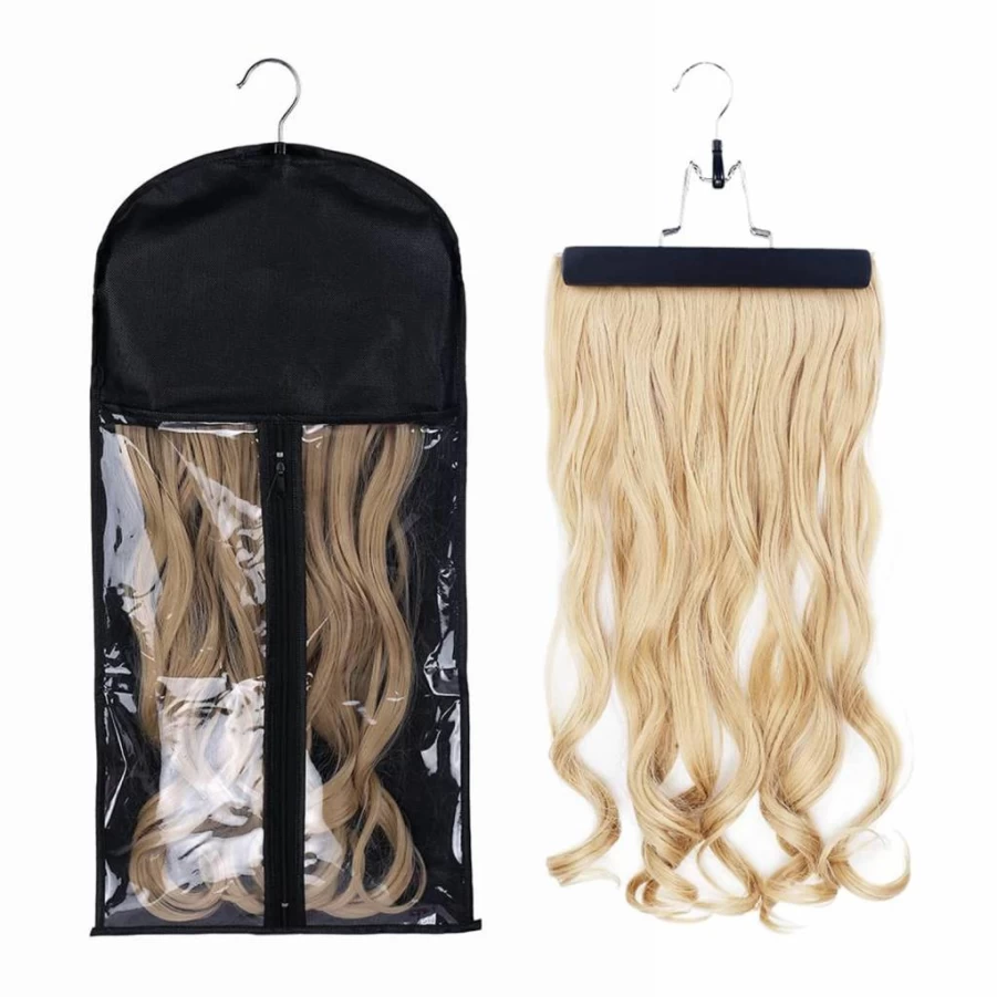 RJMBMUP Hair Extensions Hanger with Storage Bag - Black Wig Holder for Organizing Hairpieces & Wigs - Durable Hair Accessories Carrier Case for Salon & Home Use