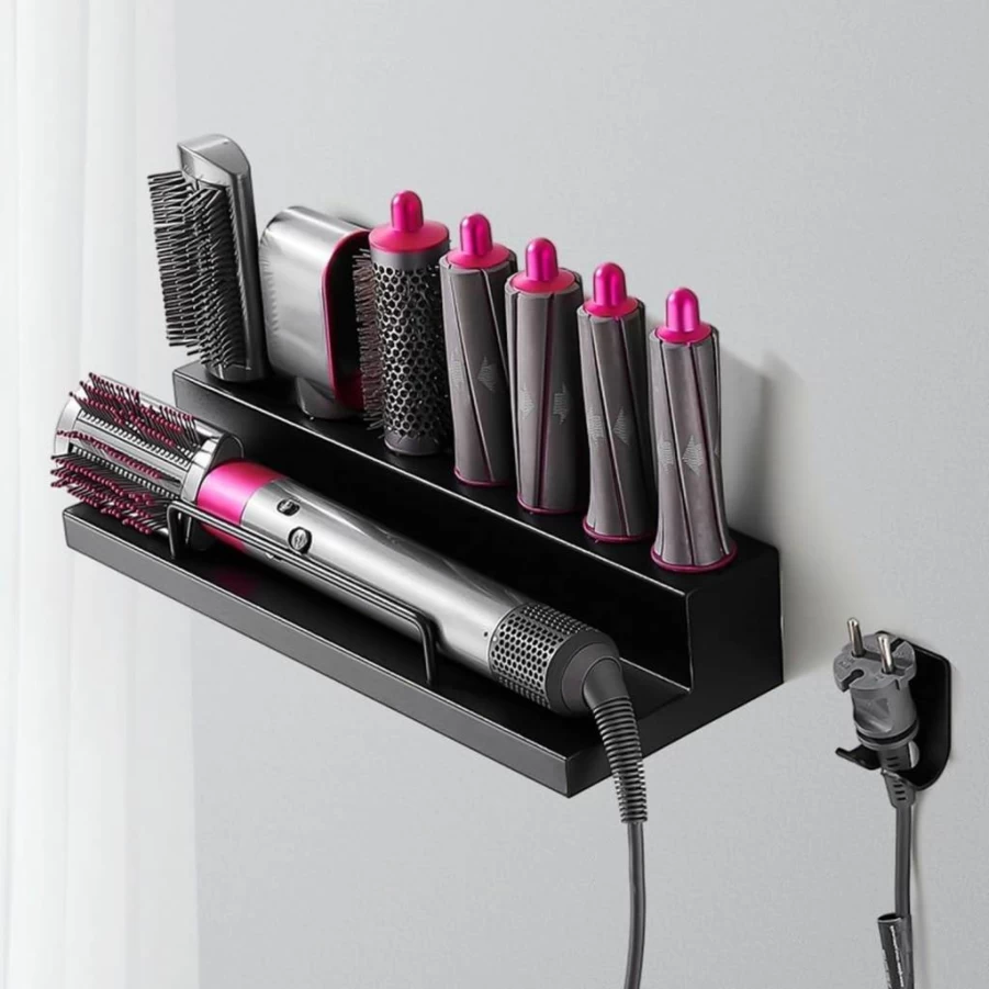 Wall-Mounted Hair Tool Organizer with Safety Rail & Hooks for Styler, Dryer, Curling Iron - Space Saving Bathroom Storage