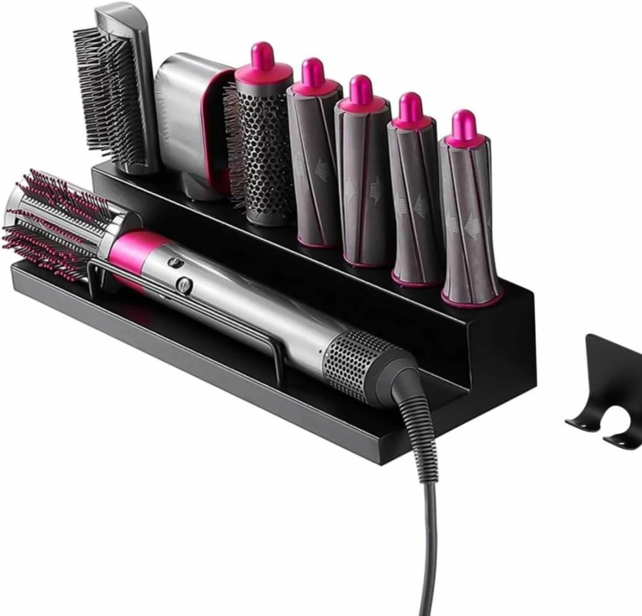 Wall-Mounted Hair Tool Organizer with Safety Rail & Hooks for Styler, Dryer, Curling Iron - Space Saving Bathroom Storage