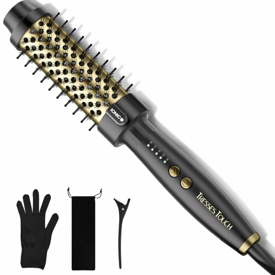 Heated Round Brush for Women - 1.5 Inch Ionic Thermal Styler by Tresses Touch, 5 Temperature Settings, Universal Voltage, Smooth & Curl Hair Easily, Pink Red