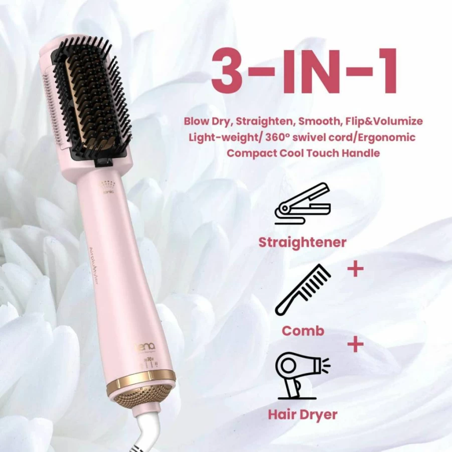 LENA Pro Hair Straightener Brush - Ionic Blow Dryer & Styler with Far Infrared Heat, 3 Temperature Settings, Anti-Scald Tech for Long/Medium Hair (Pink)