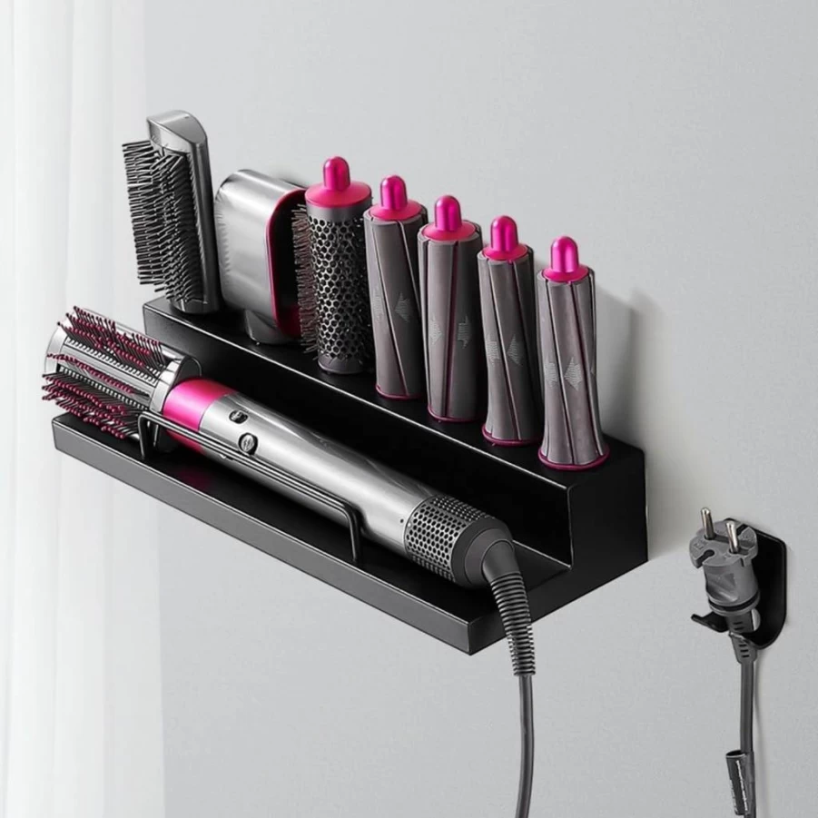 LUMINFLY Wall-Mounted Storage Shelf with Hooks for Hair Tools, Organizer for Hair Dryer, Airwrap Styler, Curling Iron - Bathroom & Bedroom Space Saver