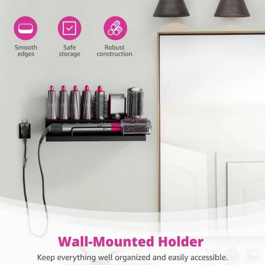 LUMINFLY Wall-Mounted Storage Shelf with Hooks for Hair Tools, Organizer for Hair Dryer, Airwrap Styler, Curling Iron - Bathroom & Bedroom Space Saver