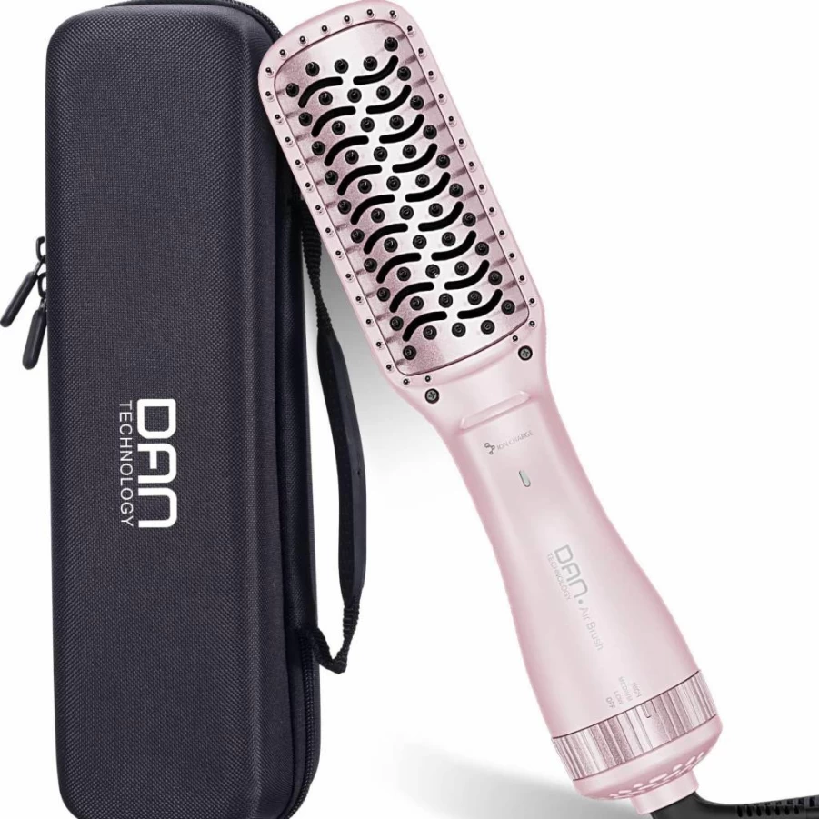 DAN Technology Hair Dryer Brush - 600W Negative Ion Styler for Damaged Hair, 3 Heat & 2 Speed Settings, Pink Nylon Paddle Brush with ALCI Safety Plug, Professional Hair Care & Styling Tool