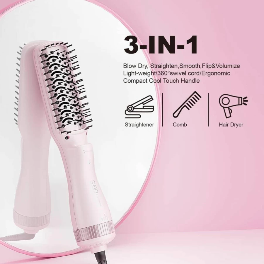 DAN Technology Hair Dryer Brush - 600W Negative Ion Styler for Damaged Hair, 3 Heat & 2 Speed Settings, Pink Nylon Paddle Brush with ALCI Safety Plug, Professional Hair Care & Styling Tool