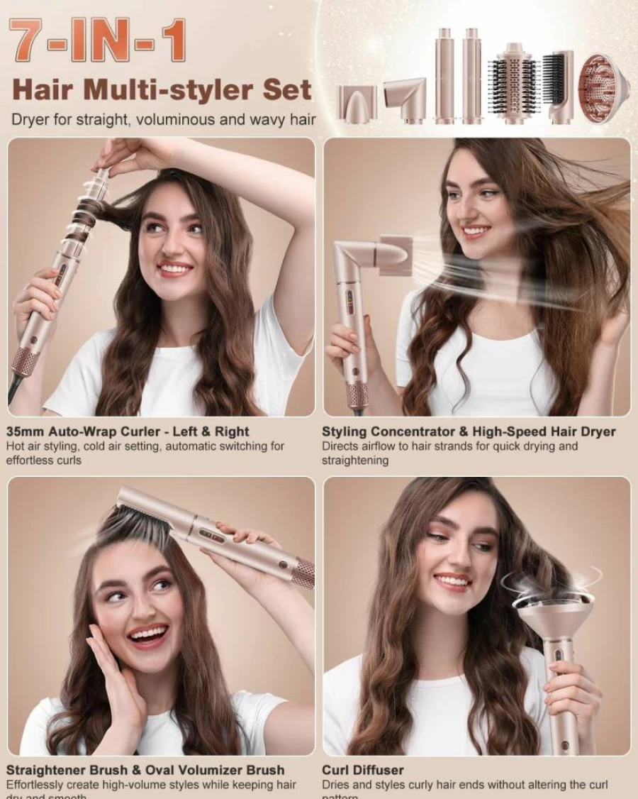 7MAGIC 7-in-1 Hair Dryer Brush with Negative Ion Technology | 110,000 RPM High-Speed Styler for Frizz-Free Blow Drying, Curling, Straightening & Volumizing | Includes Travel Case