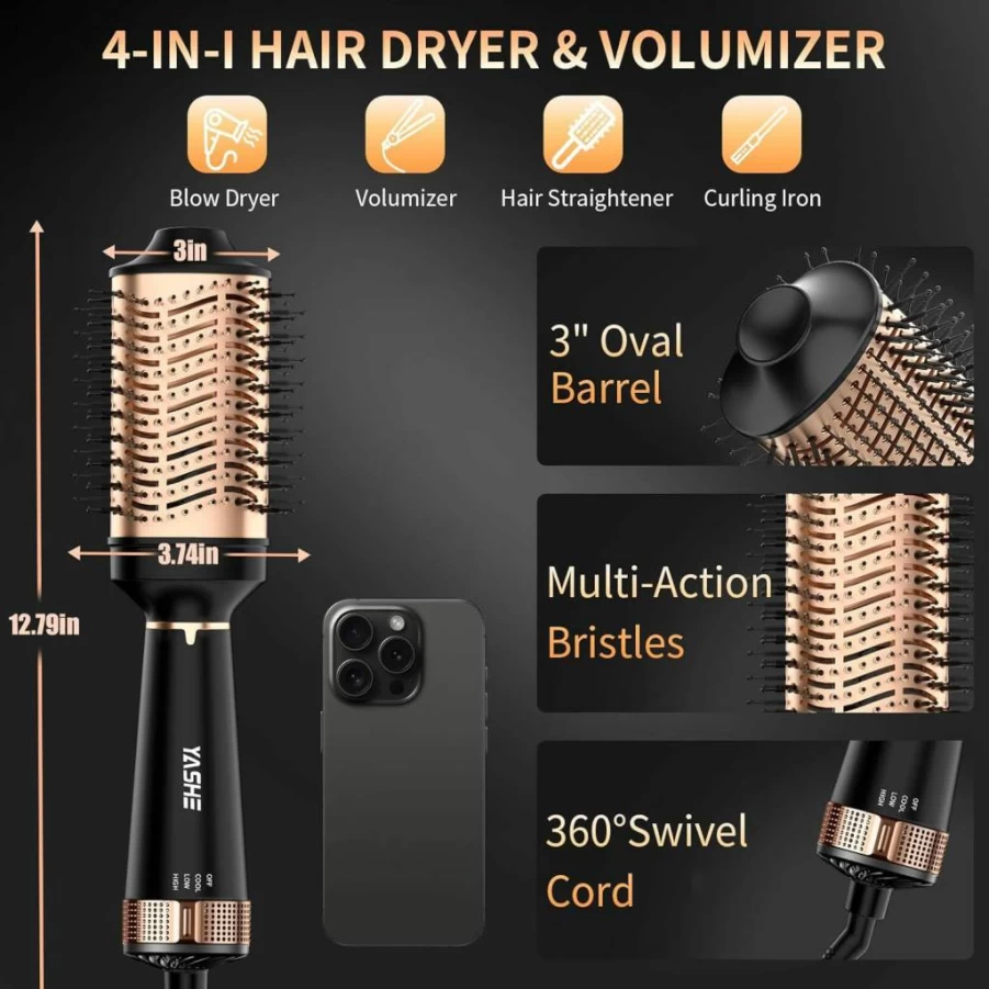 YASHE 4-in-1 Ionic Hair Dryer Brush with Oval Titanium Barrel for Drying, Straightening, Curling & Volumizing - Black