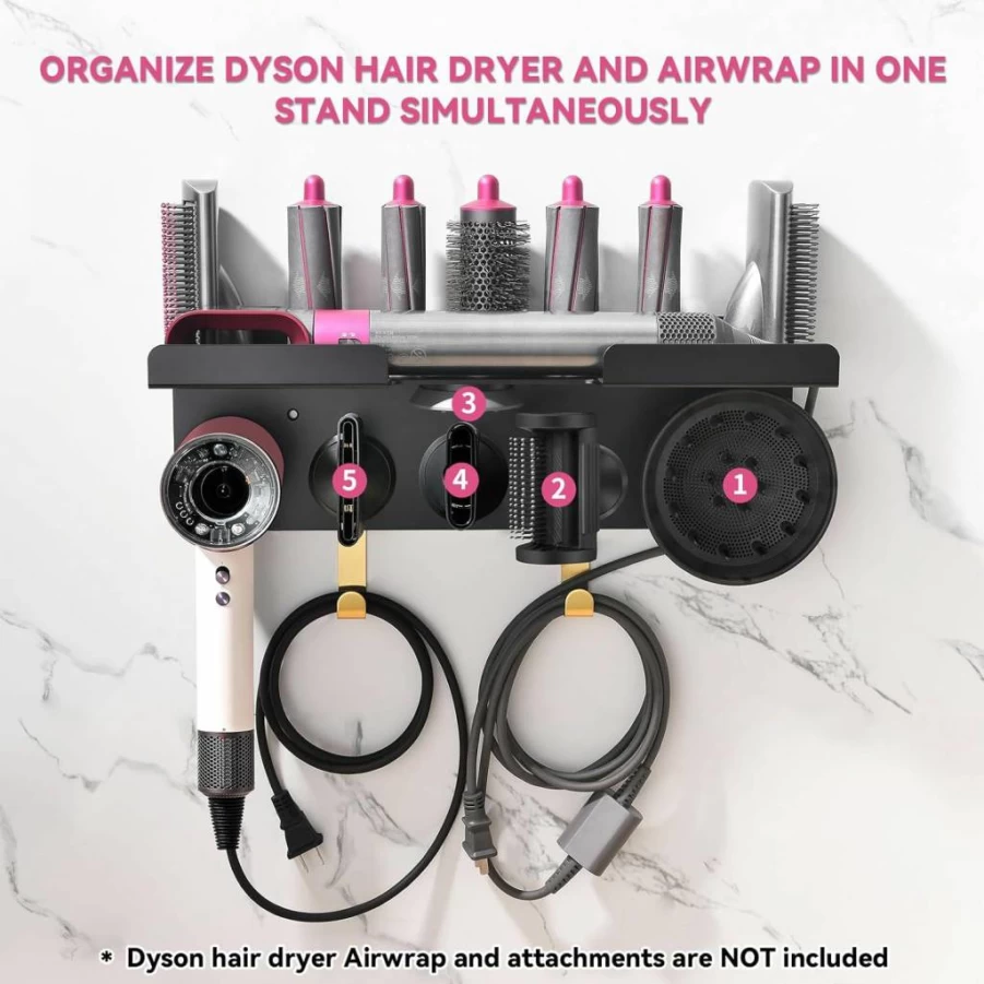 Floatant Magnetic Wall Mount Holder for Dyson Airwrap & Hair Dryer – Organizer for Styler HD16, Nozzles, Barrels, Brushes & Accessories with Hooks