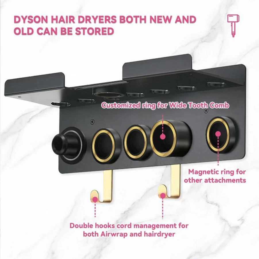 Floatant Magnetic Wall Mount Holder for Dyson Airwrap & Hair Dryer – Organizer for Styler HD16, Nozzles, Barrels, Brushes & Accessories with Hooks