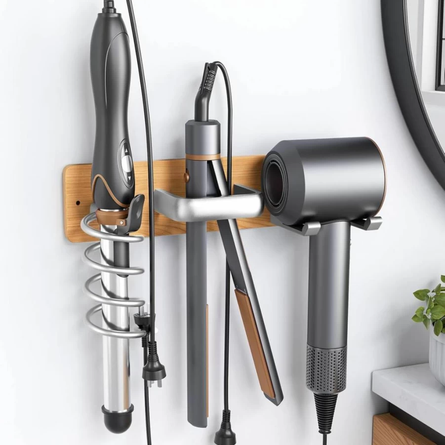 Tindbea 3-in-1 Wall Mount Hair Tool Organizer - Universal Blow Dryer, Curling Iron & Flat Iron Holder - Bathroom Storage Rack in Walnut Matte Black