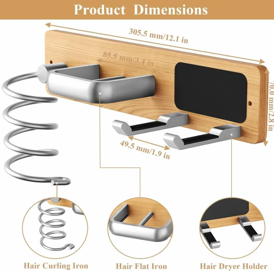 Tindbea 3-in-1 Wall Mount Hair Tool Organizer - Universal Blow Dryer, Curling Iron & Flat Iron Holder - Bathroom Storage Rack in Walnut Matte Black