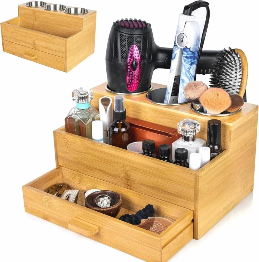 Sol-Eco Bamboo Hair Tool Organizer - Bathroom & Vanity Storage for Blow Dryer, Straightener, Makeup Brushes | Eco-Friendly Hair Accessory Holder