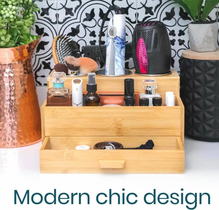 Sol-Eco Bamboo Hair Tool Organizer - Bathroom & Vanity Storage for Blow Dryer, Straightener, Makeup Brushes | Eco-Friendly Hair Accessory Holder