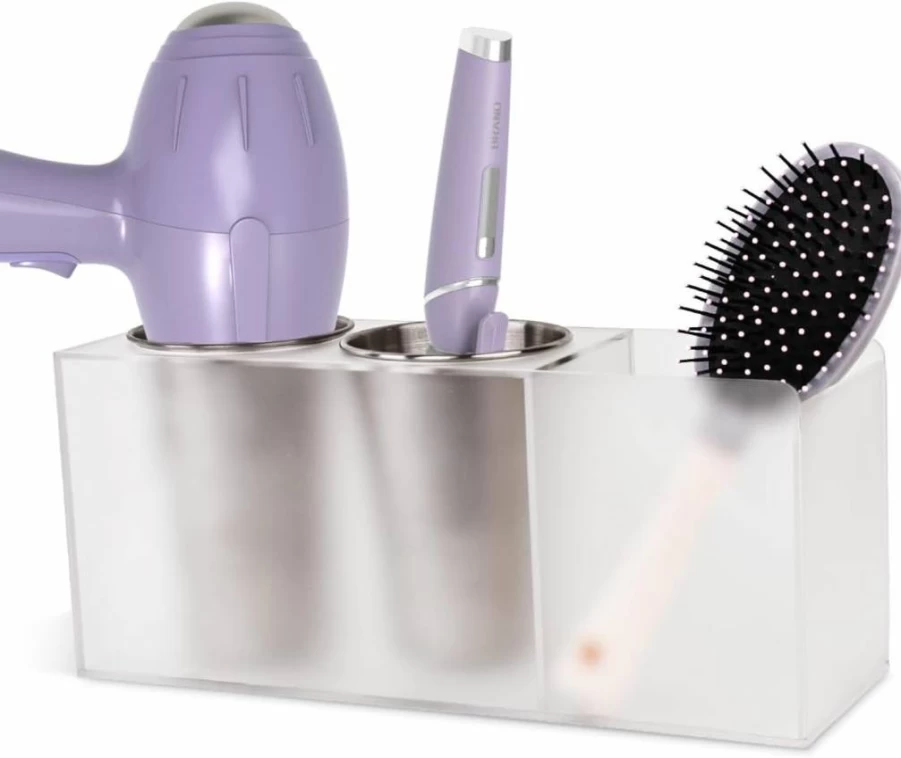IntreLife Acrylic Hair Tool Organizer Wall Mounted - Hair Dryer Holder, Curling Iron & Flat Iron Storage for Bathroom Vanity, Countertop or Cabinet