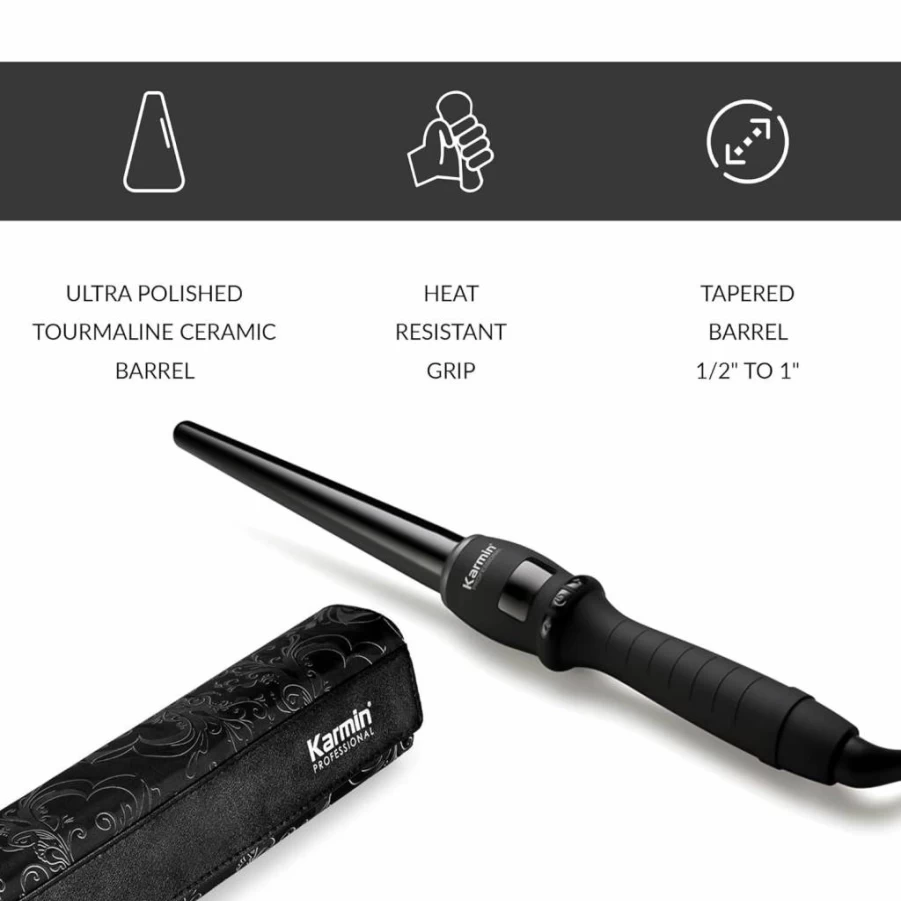 KARMIN G3 Salon Pro Tourmaline Ceramic Hair Curling Wand - 1/2 to 1 Inch Tapered Barrel, Fast Heating, Dual Voltage, Professional Curling Iron for Beach Waves, Black