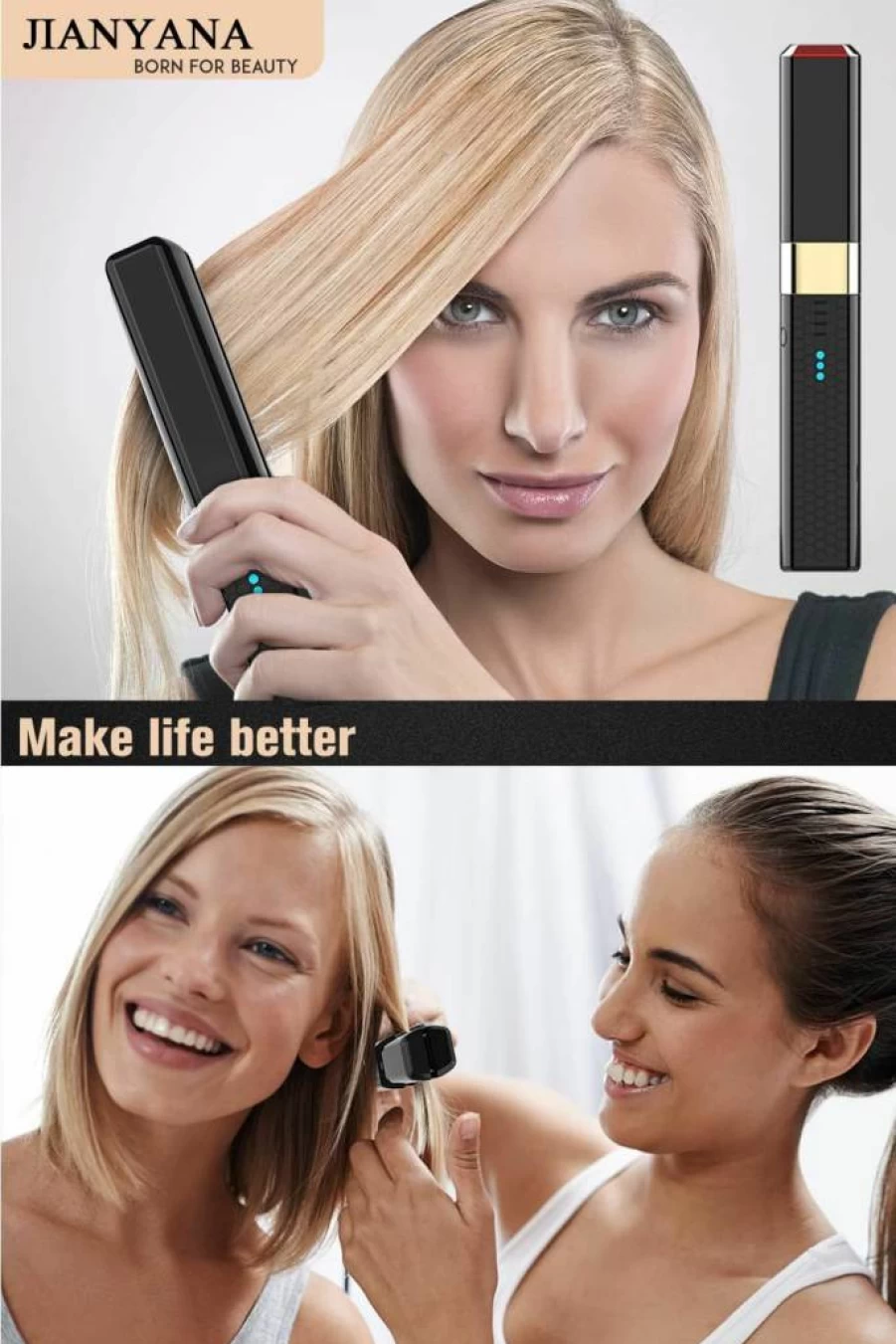 Jianyana Cordless Hair Straightener & Curler 2-in-1 - USB-C Rechargeable Mini Flat Iron for Short Thin Hair, 4800mAh Travel-Friendly Ceramic Styler, 15s Fast Heat, 3 Temp Levels