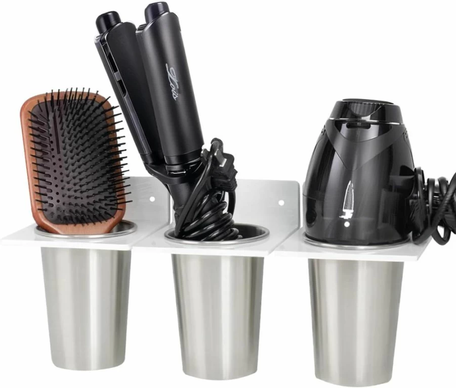 AVMDOM Wall Mount Hair Tool Organizer with 2 Cup Holders for Hair Dryer, Straightener, Curling Iron - Bathroom & Salon Storage Solution