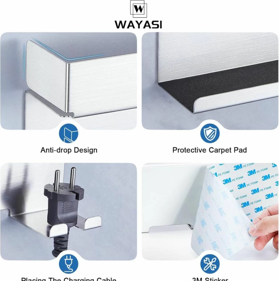 WAYASI Stainless Steel Hair Dryer and Straightener Holder - Wall Mount Adhesive Organizer for Blow Dryer, Curling Iron, Bathroom Storage