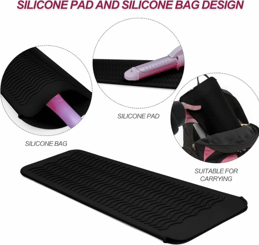 2Pcs Fouews Heat Resistant Silicone Mat Pouch for Hair Straightener, Curling Iron & Hot Styling Tools - Black Protective Storage Case