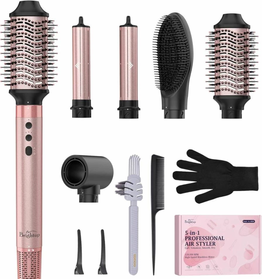 Brightup 5-in-1 Hot Air Hair Styler & Dryer Brush - 1400W High-Speed 120000RPM, Negative Ion Technology, Cool Shot, Heat Protection, Travel Pouch for Curling, Volumizing & Straightening