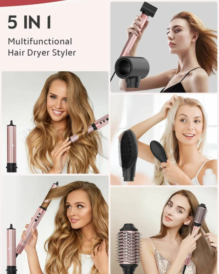 Brightup 5-in-1 Hot Air Hair Styler & Dryer Brush - 1400W High-Speed 120000RPM, Negative Ion Technology, Cool Shot, Heat Protection, Travel Pouch for Curling, Volumizing & Straightening