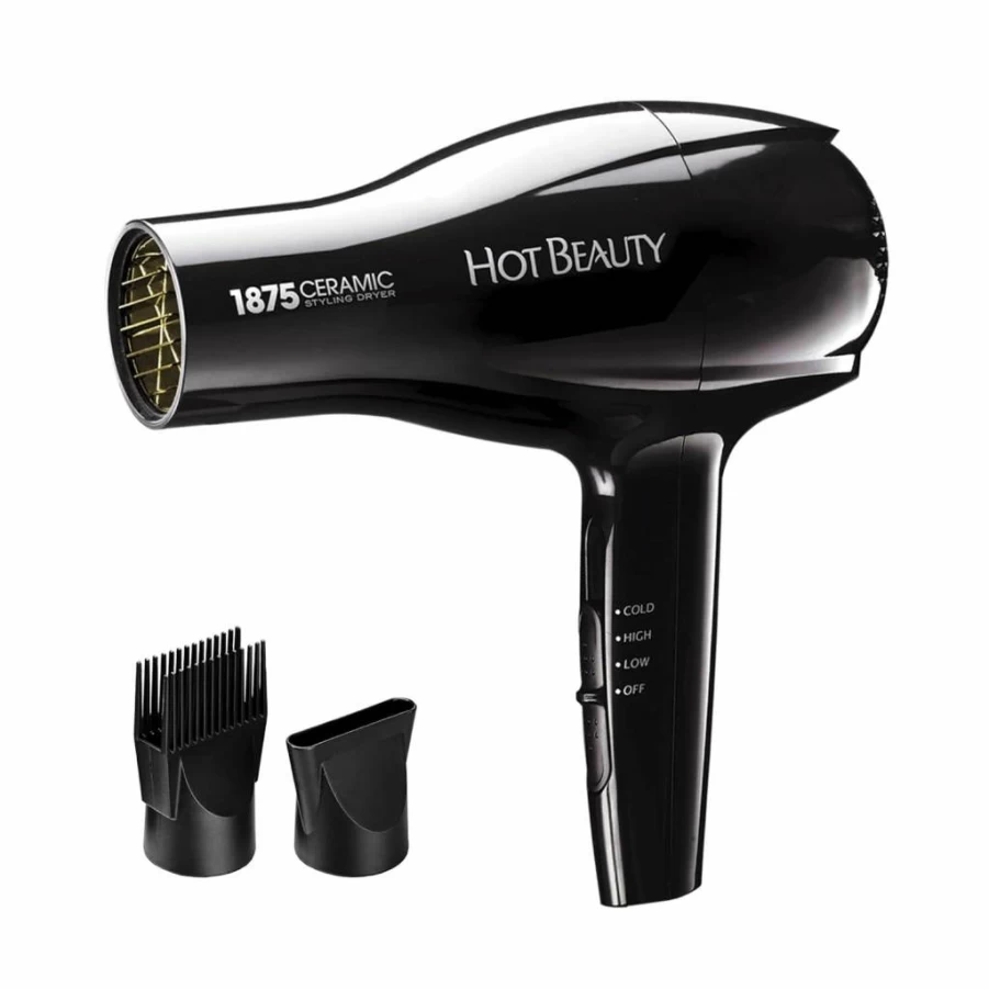 Hot Beauty 1875W Ceramic Hair Dryer with 2 Attachments - Lightweight Fast Drying Blow Dryer for Home & Travel, Adjustable Heat/Speed Settings, Ionic Styler