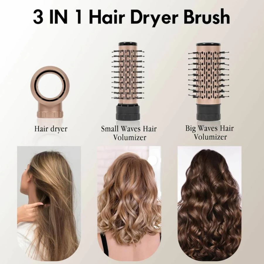 DAILYLIFE 3-in-1 Hot Air Spin Brush for Middle Long Hair - Blow Dryer & Styler with Detachable Attachments, 3 Heat Settings, Salon Blowout Tool