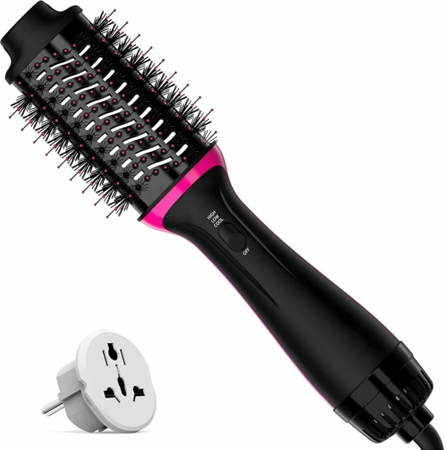 FYAIRO Dual Voltage Travel Hair Dryer Brush - 2-in-1 Styler with Negative Ion Technology for Frizz-Free Hair (110-240V, EU Plug)