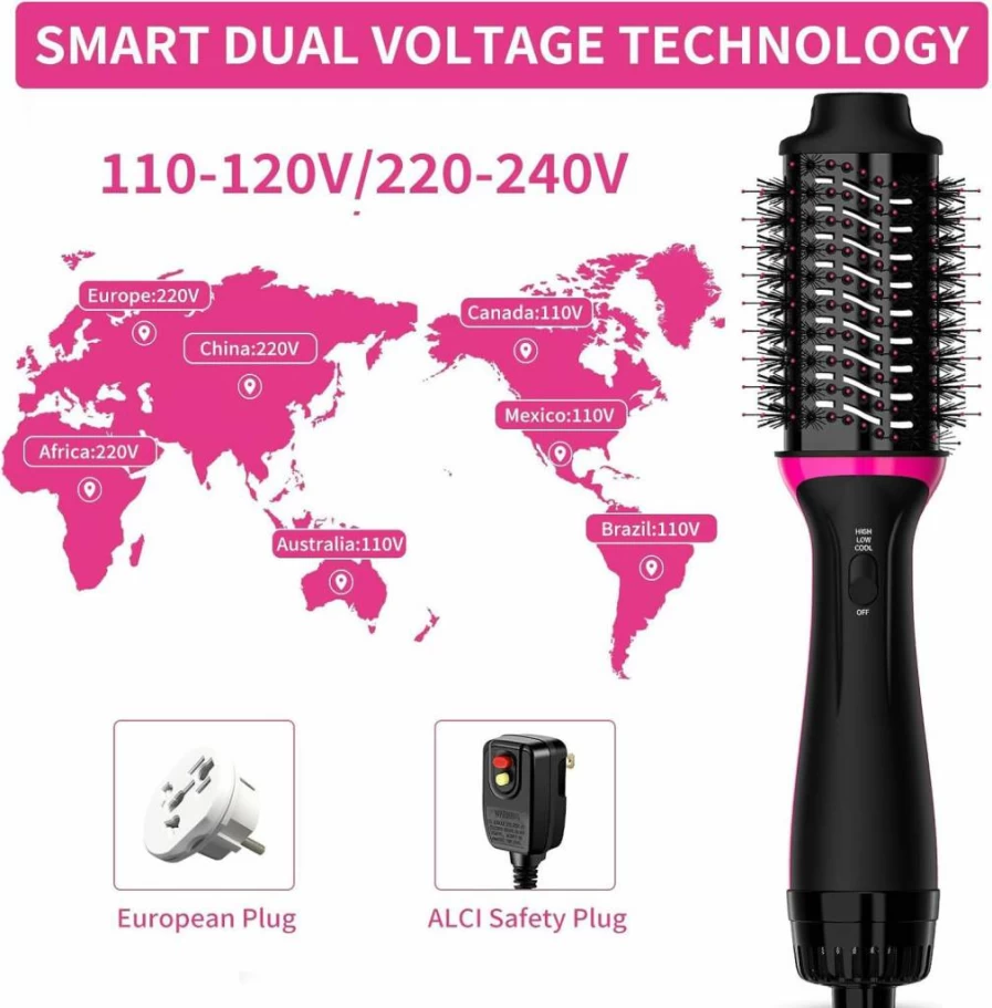 FYAIRO Dual Voltage Travel Hair Dryer Brush - 2-in-1 Styler with Negative Ion Technology for Frizz-Free Hair (110-240V, EU Plug)
