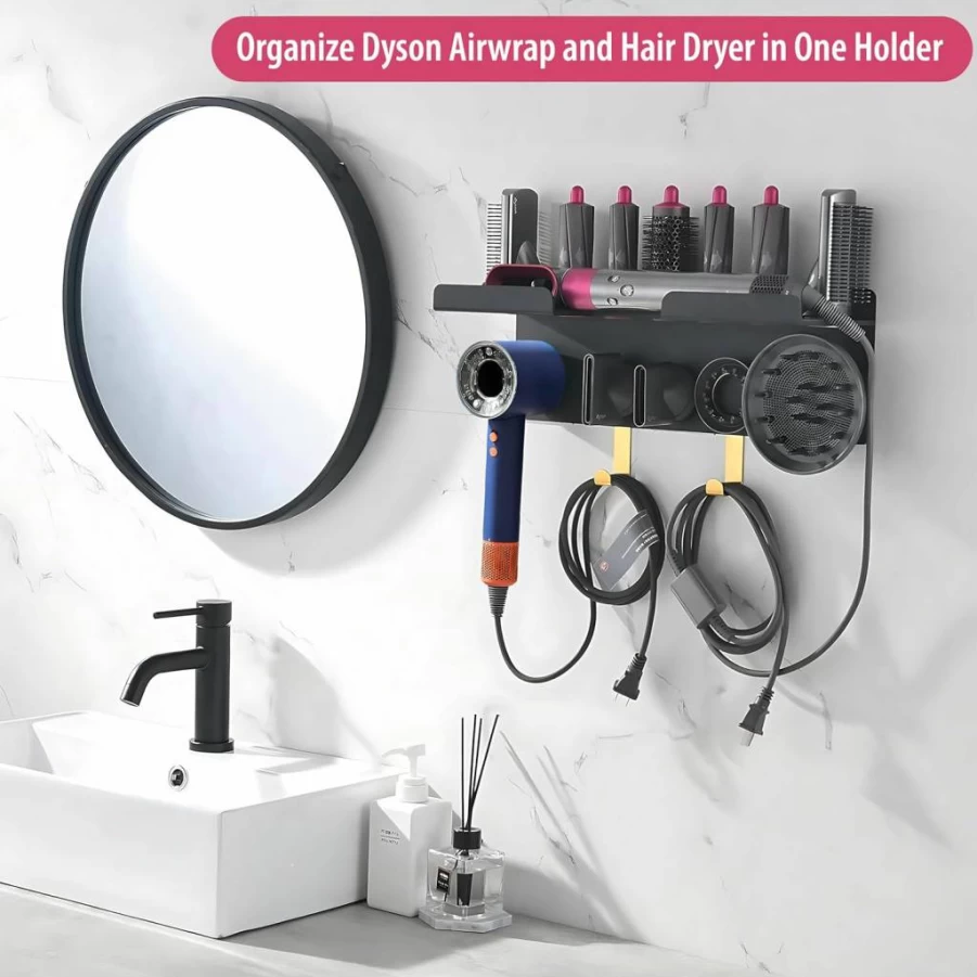 NOVENTIX Wall Mounted 2-in-1 Holder for Dyson Airwrap & Hair Dryer - Compatible with Supersonic, Nural Models - Organizer Stand for Attachments