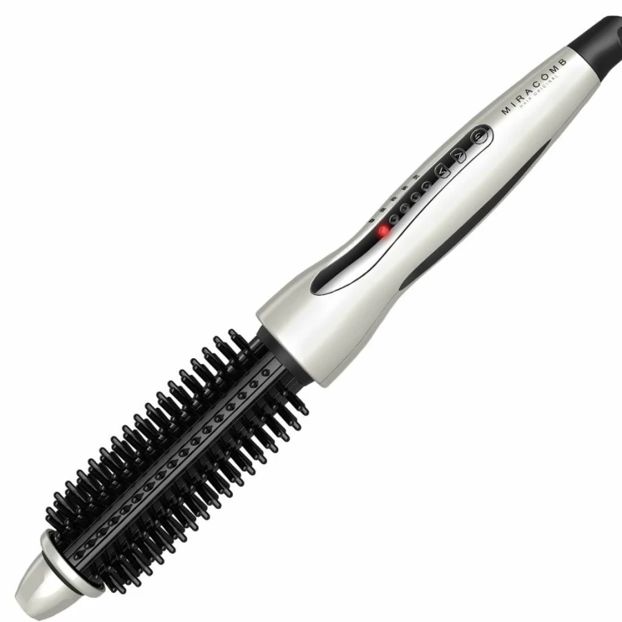 MIRACOMB Hair Straightener Brush - 1 Inch Ceramic Tourmaline Flat Iron with 5 Heat Settings, Cool Touch Round Styler for Curling & Straightening, White (Professional Multi-Styling Brush)